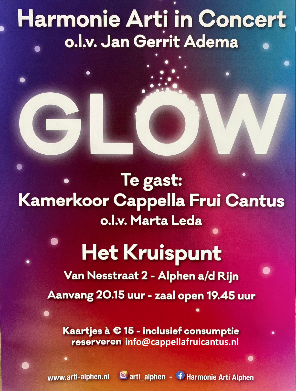 Poster van het concert Glow van harmonie Arti met Cappella Frui Cantus als gast, 16 december 2023